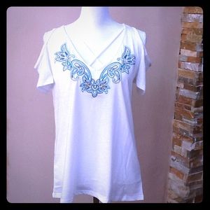 NWT Curations embroidered cold shoulder top, small